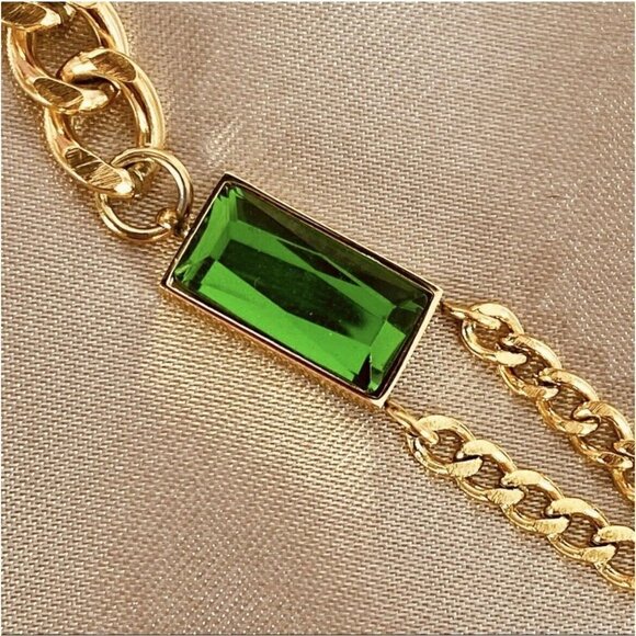 18K Gold Plated Cuban chain Necklace SET Stainless Steel green emerald NEW - Picture 8 of 12